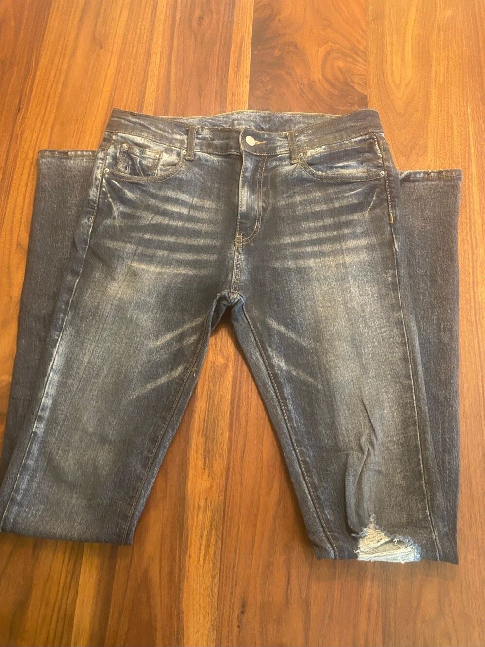 MNML Men’s Blue Distressed Mid-Rise Stretch Flare Jeans Dark Wash Size 32 NWOT